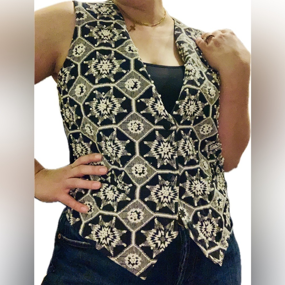 Vintage Pearl Beaded Black White Tapestry  Grandpa Vest Star Festive M